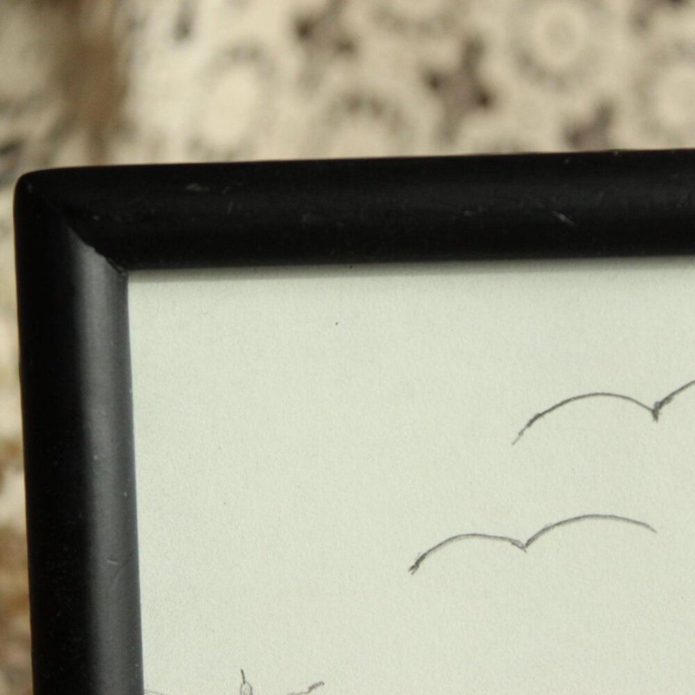 Vintage 1990s 2000s Framed Print, Pencil Sketch of Heron and Frog, Black Frame - Picture 6 of 14